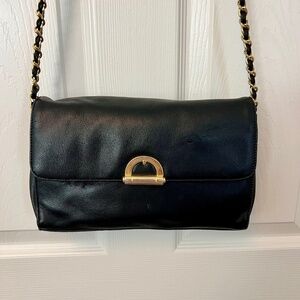 Vintage 1980's Lord & Taylor Black Leather Crossbody Bag with Gold Chain Strap